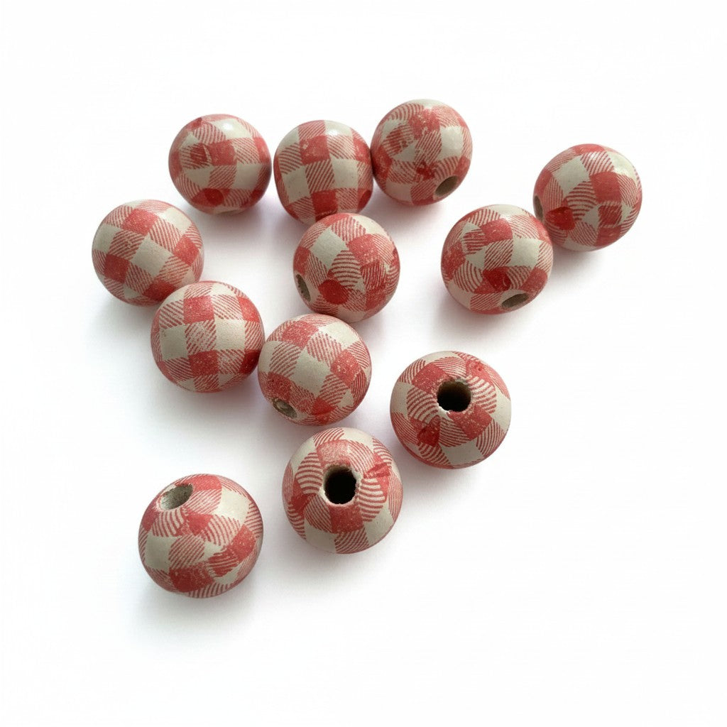 Checked Pink Wooden Beads - 10 Pack