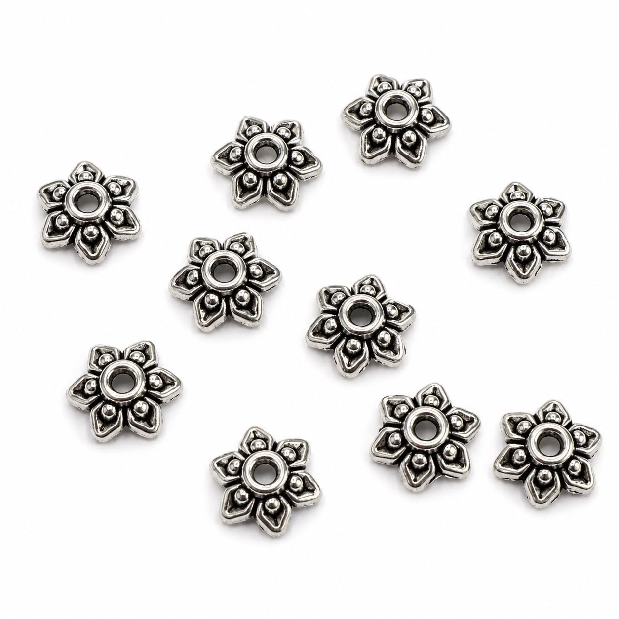 Flower Bead Caps Antique Silver - 10 Pack