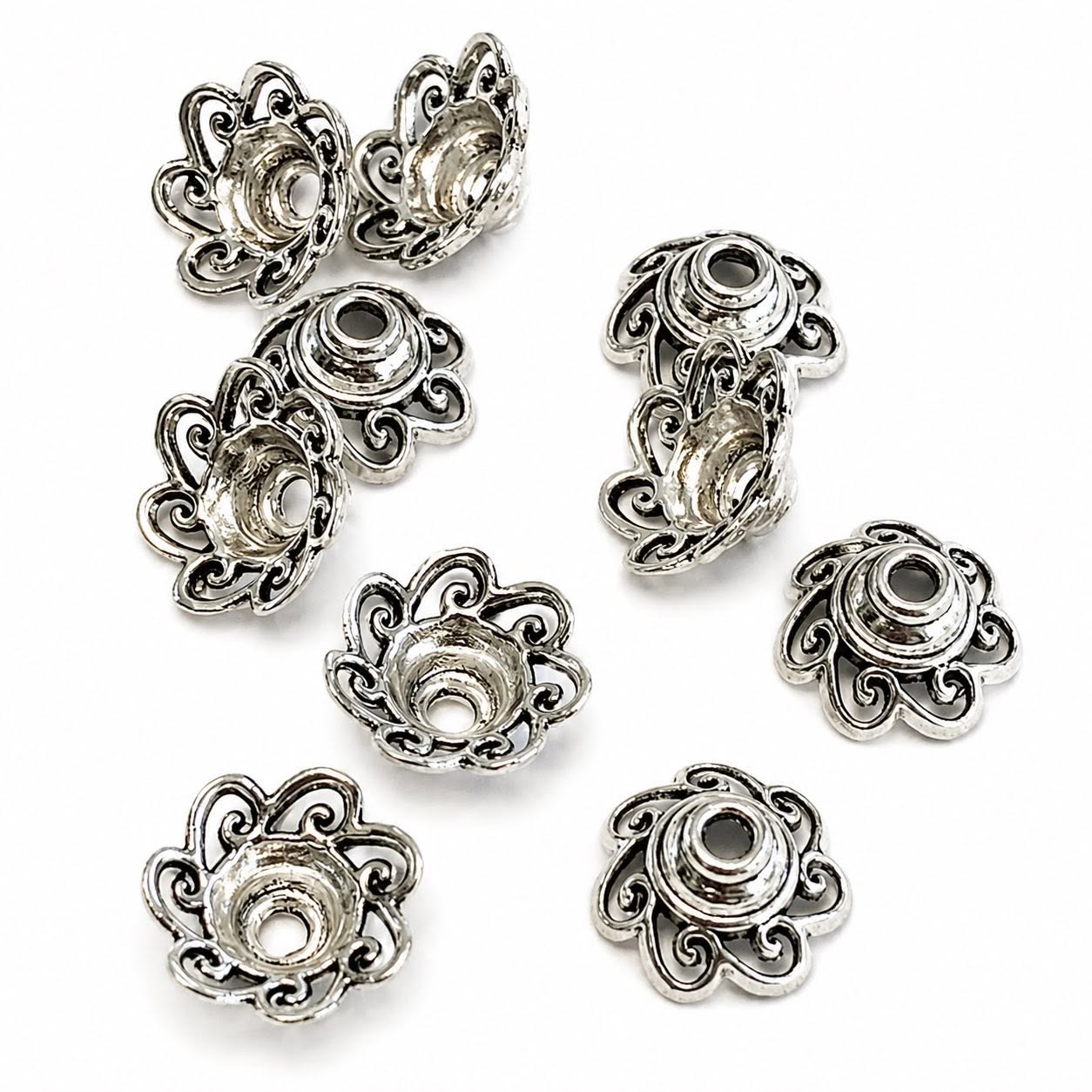 Flower Bead Caps Antique Silver - 10 Pack