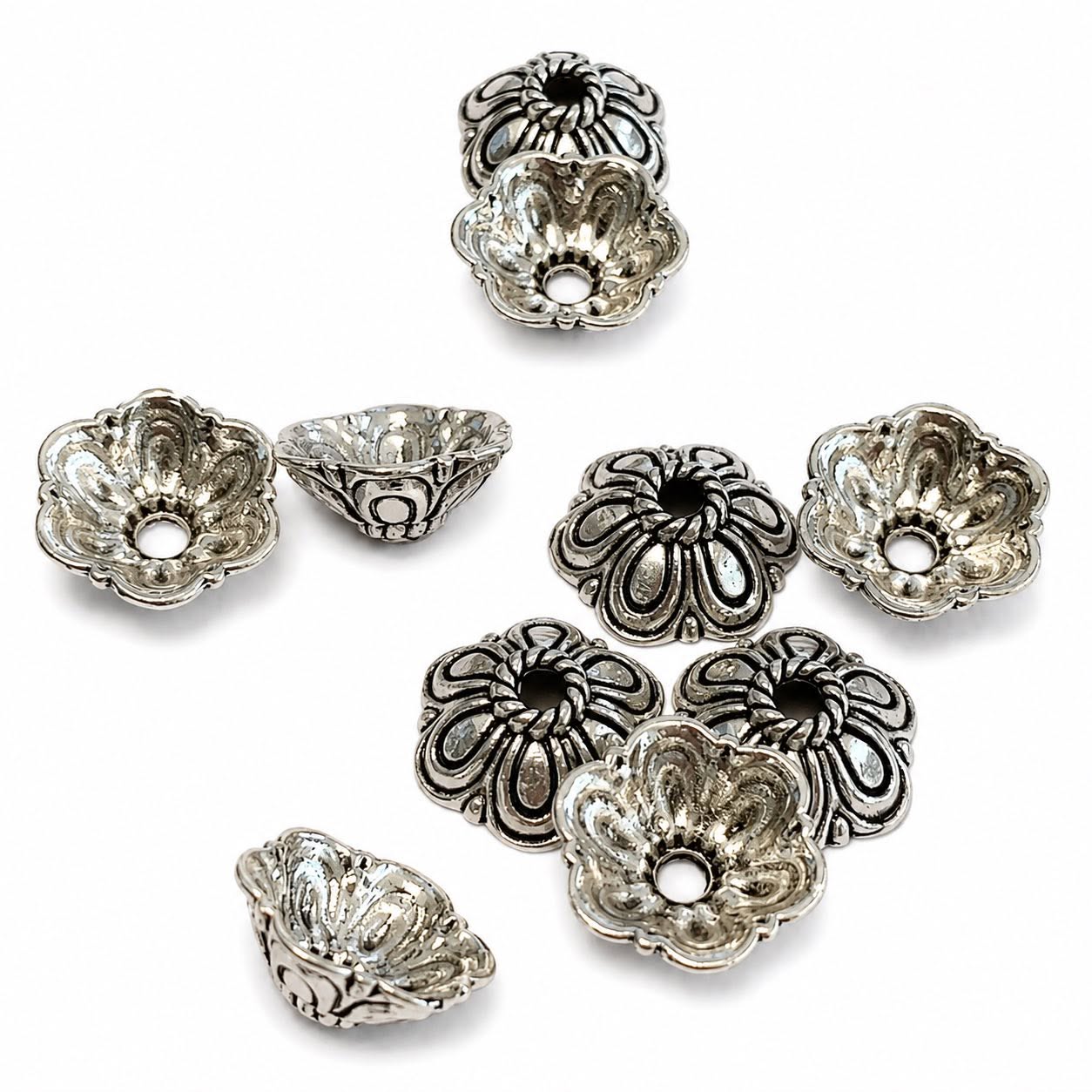 Flower Bead Caps Antique Silver - 10 Pack