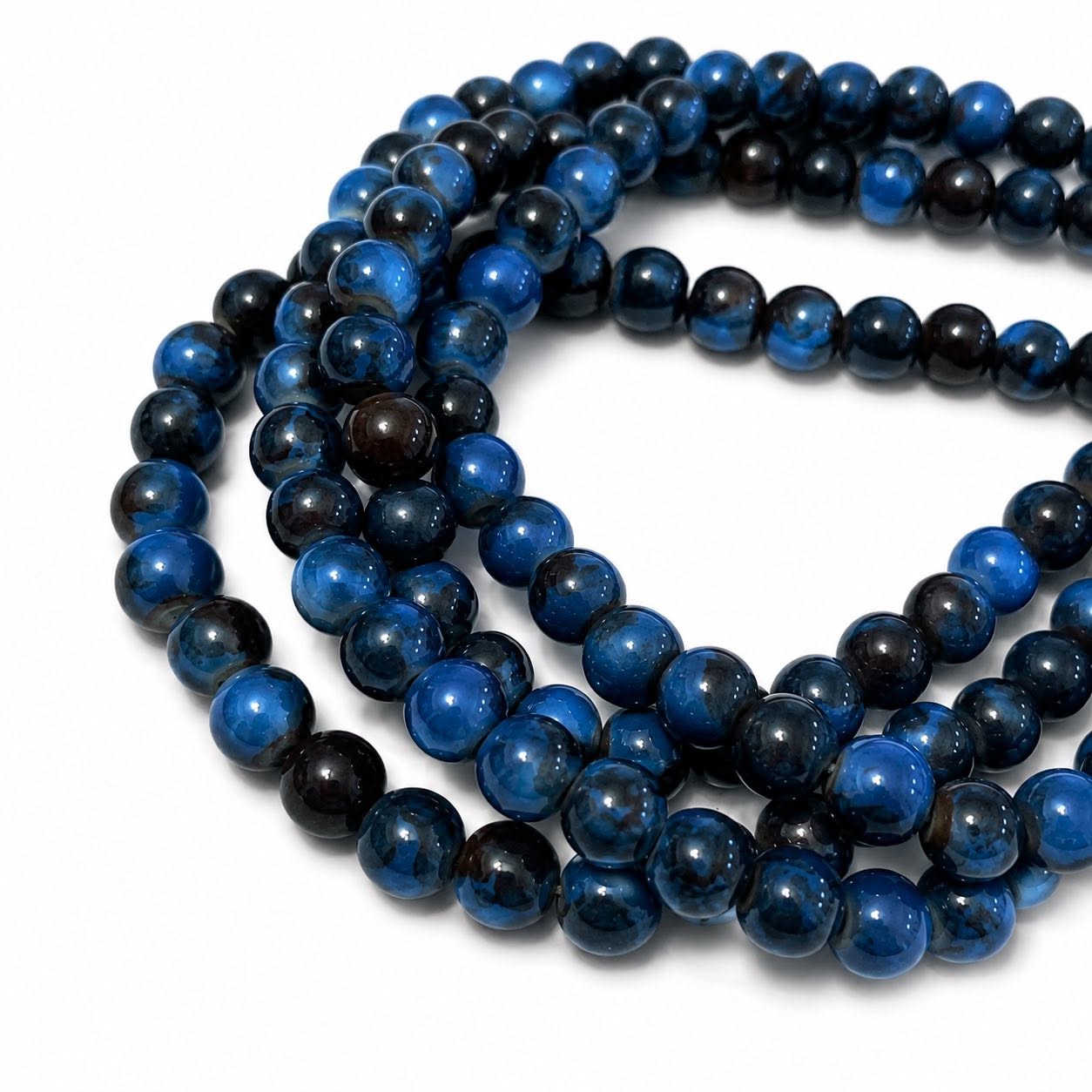 Strand of Black Blue Splat Glass Beads - Size 6mm