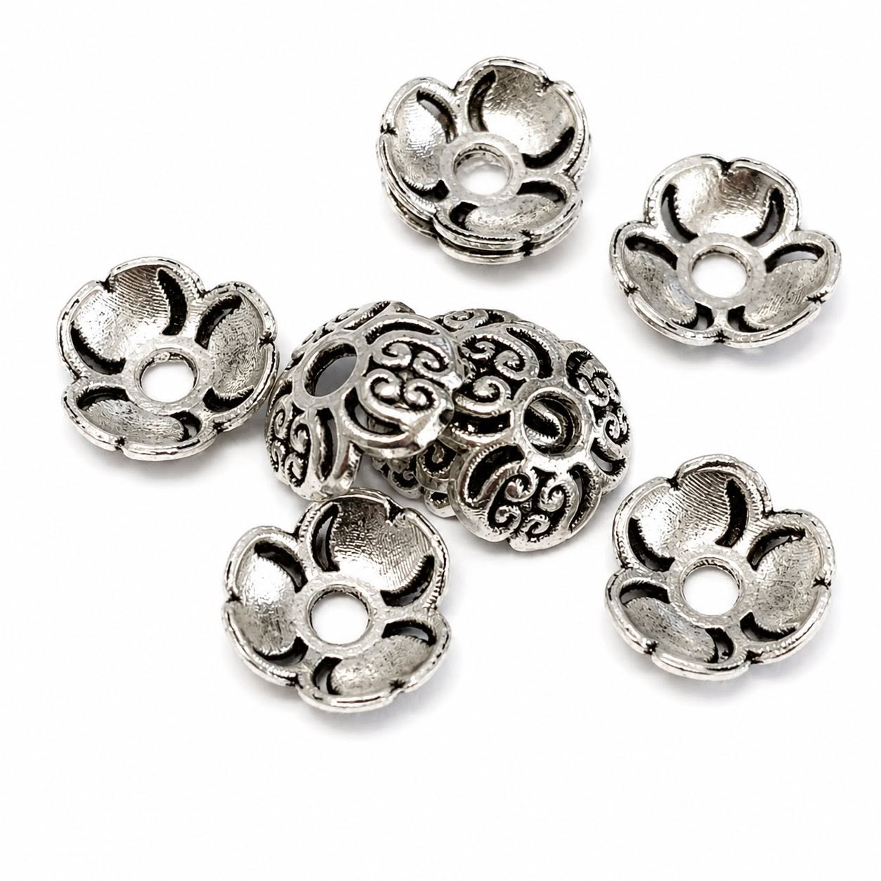 Floral Bead Caps Antique Silver - 10 Pack
