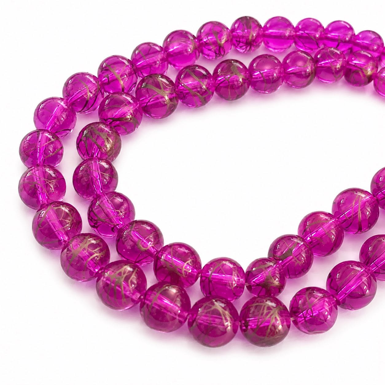 Strand of Pink & Gold Dribble Glass Beads - Size 8mm