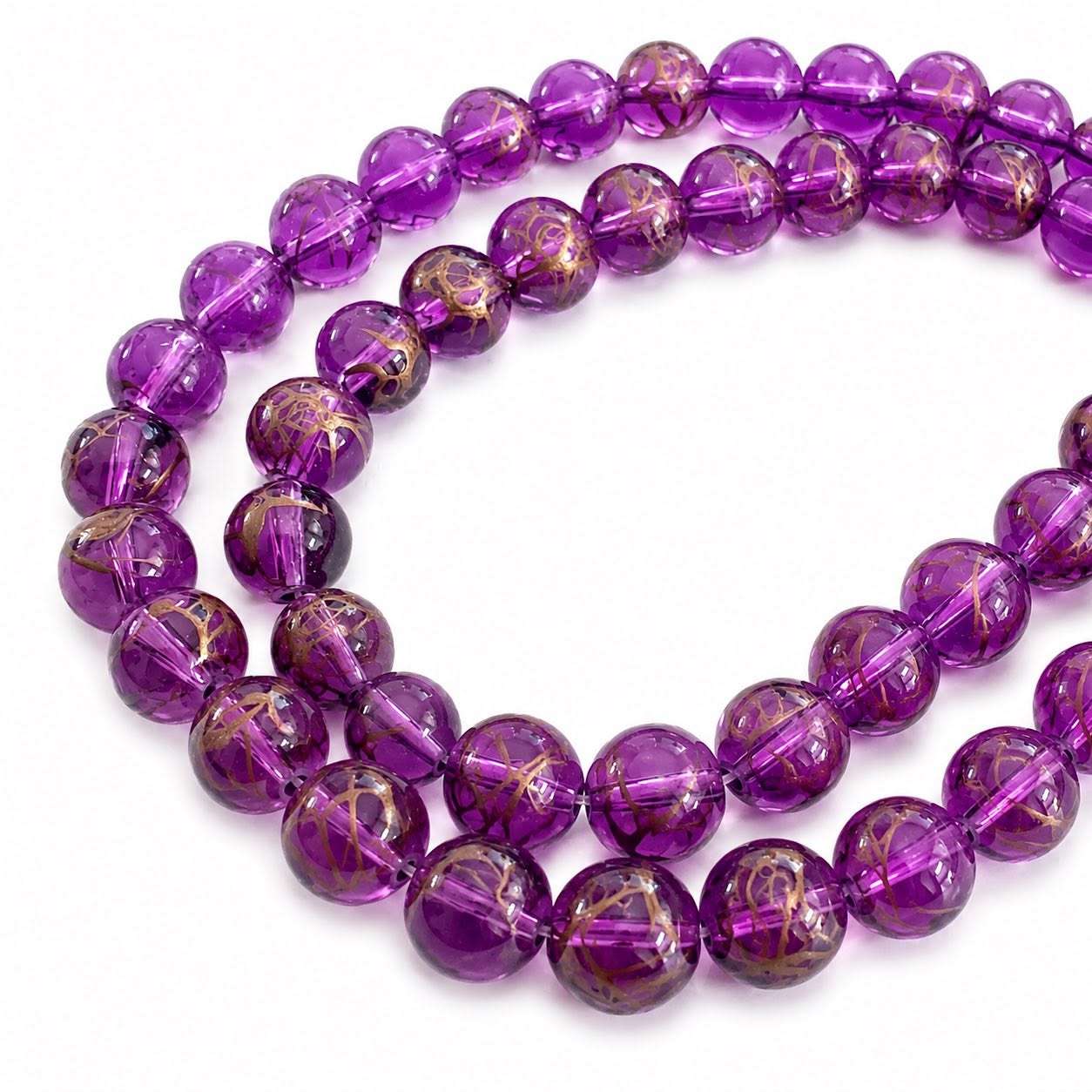 Strand of Purple & Gold Dribble Glass Beads - Size 8mm