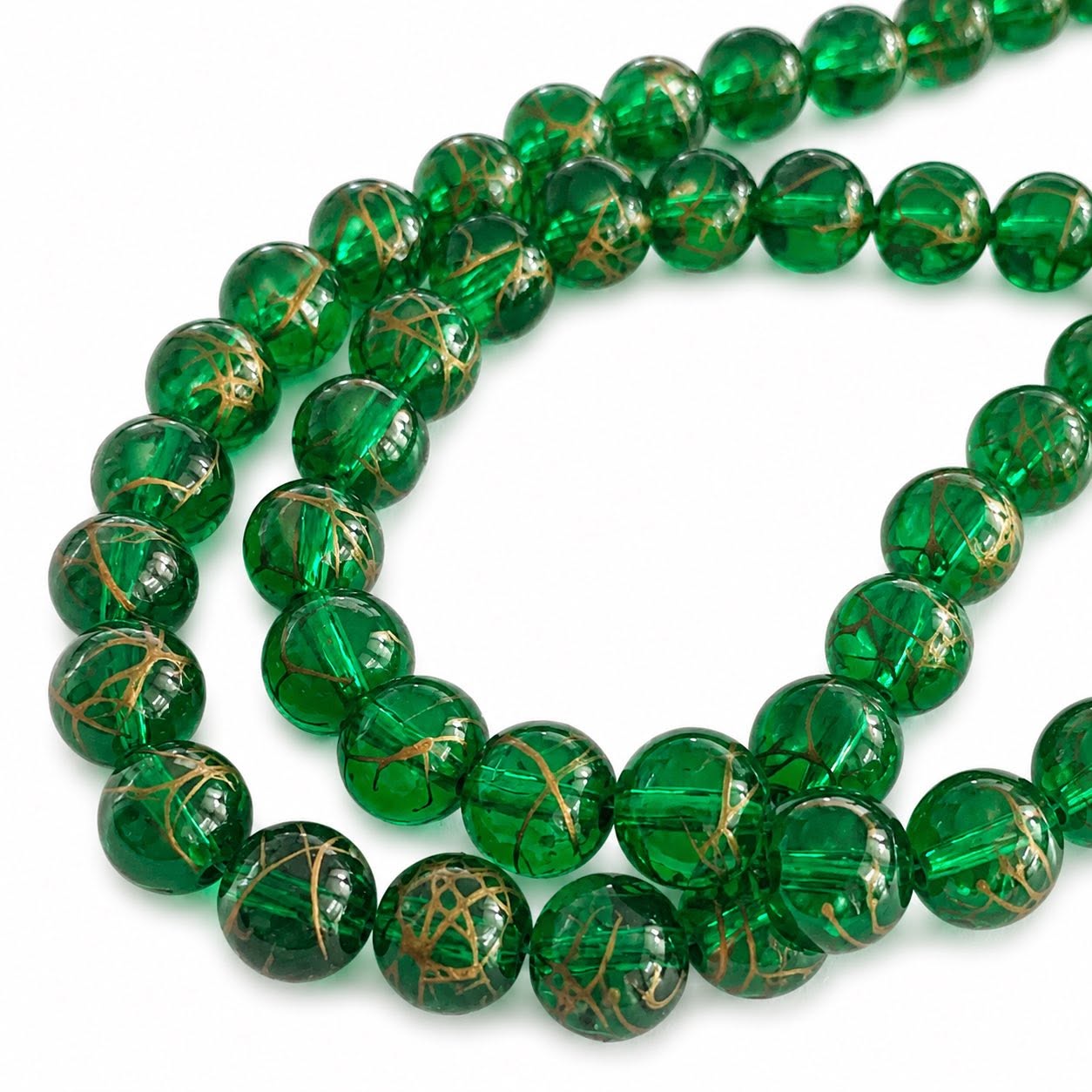Strand of Green Gold Dribble Glass Beads - Size 8mm