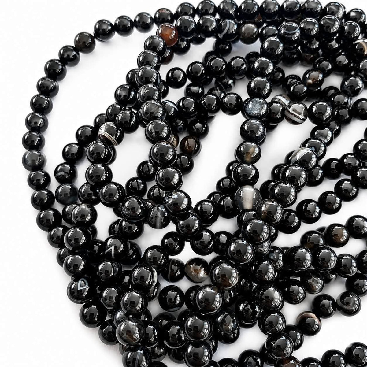 Strand of Black Laced Agate Gemstone Beads - Size 6mm