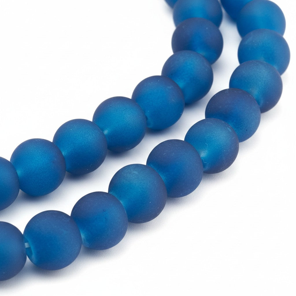 Strand of Frosted Marine Blue Round Glass Beads - 8mm