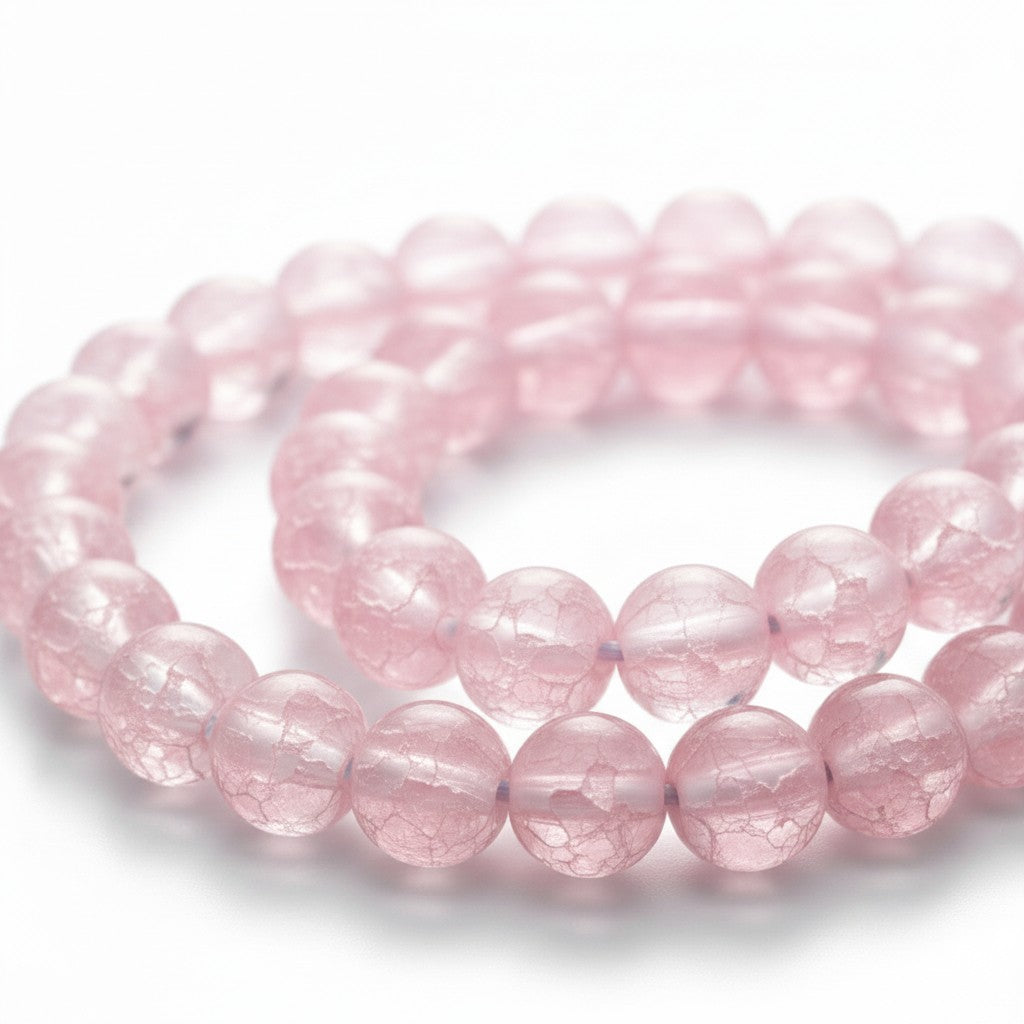 Strand of Pink Crackle Frosted Glass Beads - Size 8mm