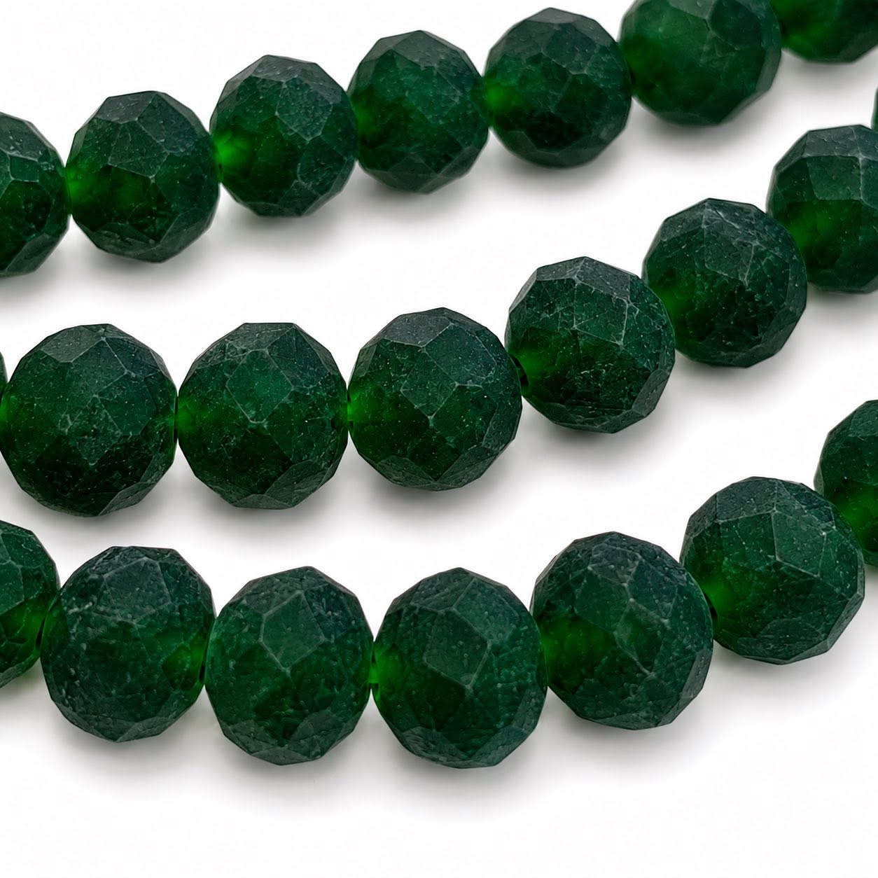 Strand of Frosted Dark Green Glass Beads - Size 8x6mm