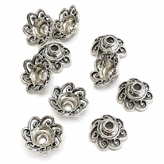 Flower Bead Caps Antique Silver - 10 Pack