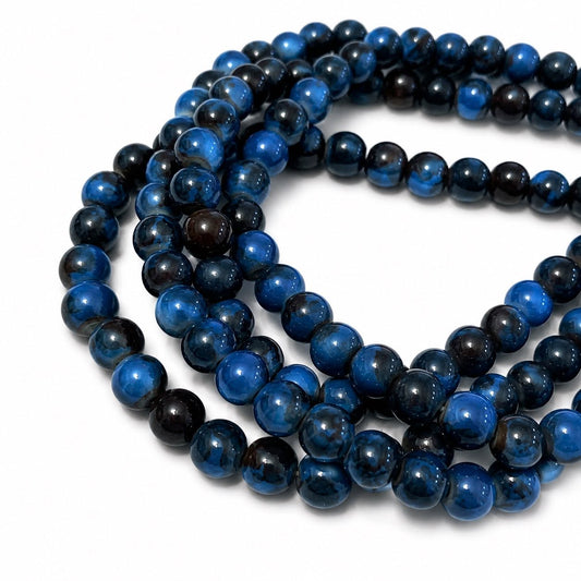 Strand of Black Blue Splat Glass Beads - Size 6mm