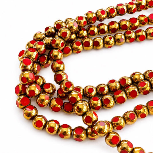 Strand of Golden Edge Red Glass Beads - Size 4mm