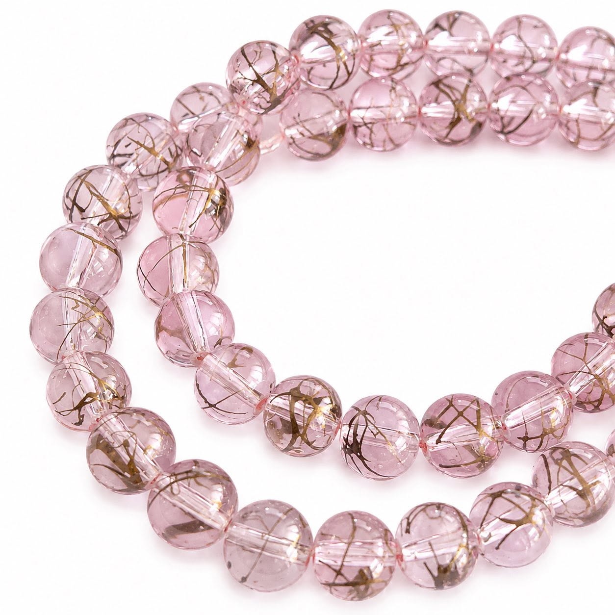 Strand of Light Pink & Gold Dribble Glass Beads  - Size 8mm
