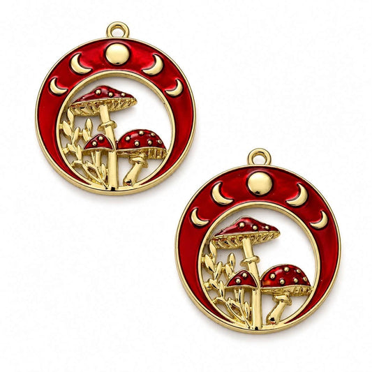 Mushroom Enamel Pendant - Gold/Red