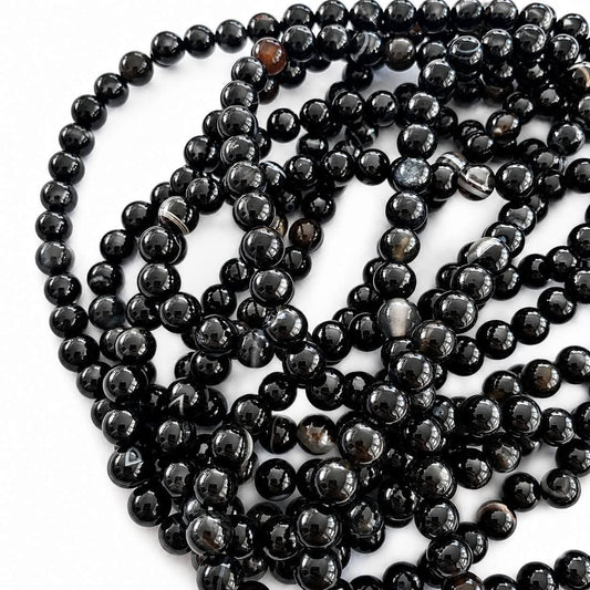 Strand of Black Laced Agate Gemstone Beads - Size 6mm