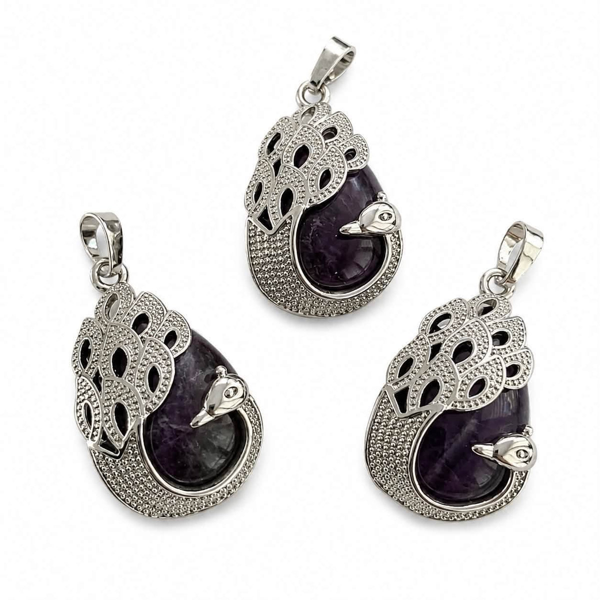 Amethyst Gemstone Peacock Pendant - Size 33x20mm