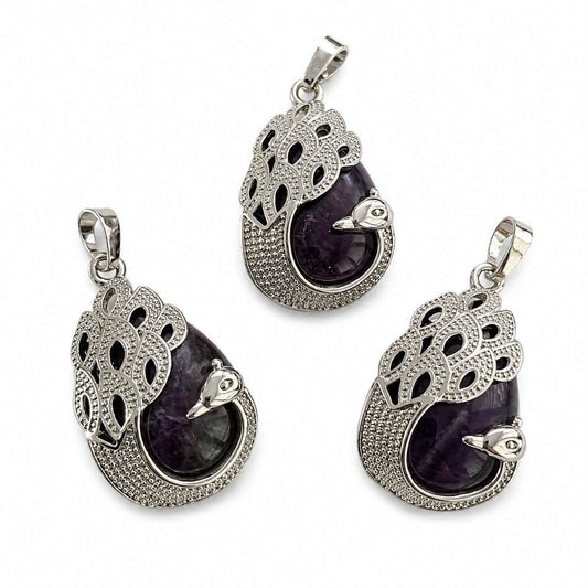 Amethyst Gemstone Peacock Pendant - Size 33x20mm