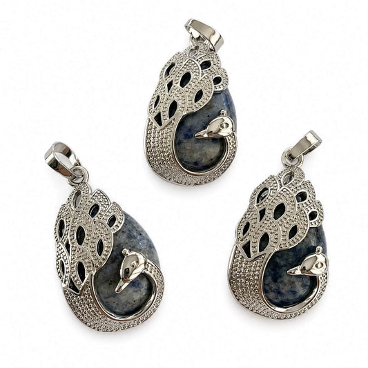 Blue Spot Jasper Gemstone Peacock Pendant - Size 33x20mm