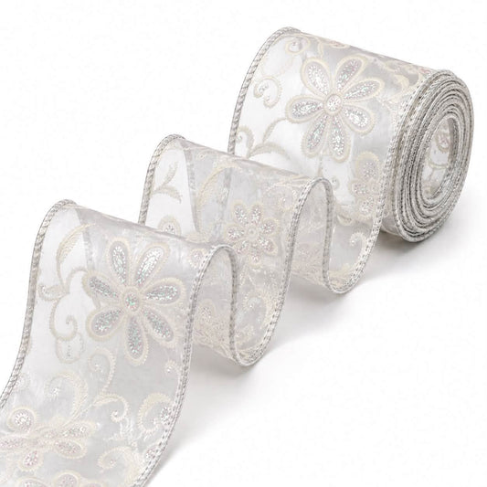 Floral White Wired Ribbon - 5 yards