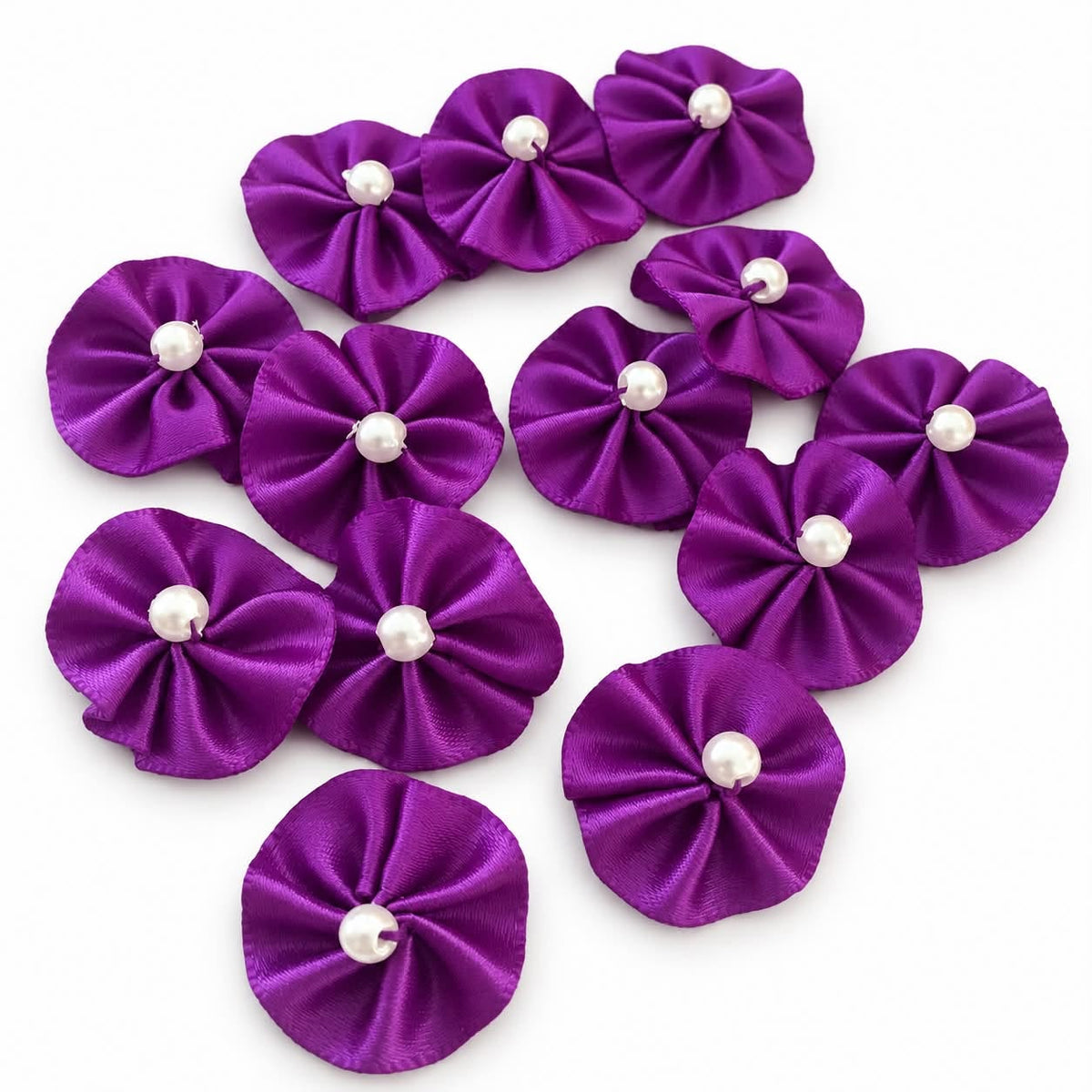 Purple Flower Ribbon Embellishments With Faux Pearl Centre  - 10 Pack