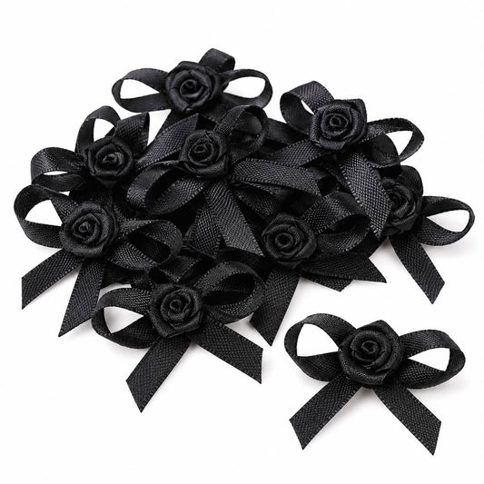 Black Ribbon Bow with Rose Centre - 6 Pack