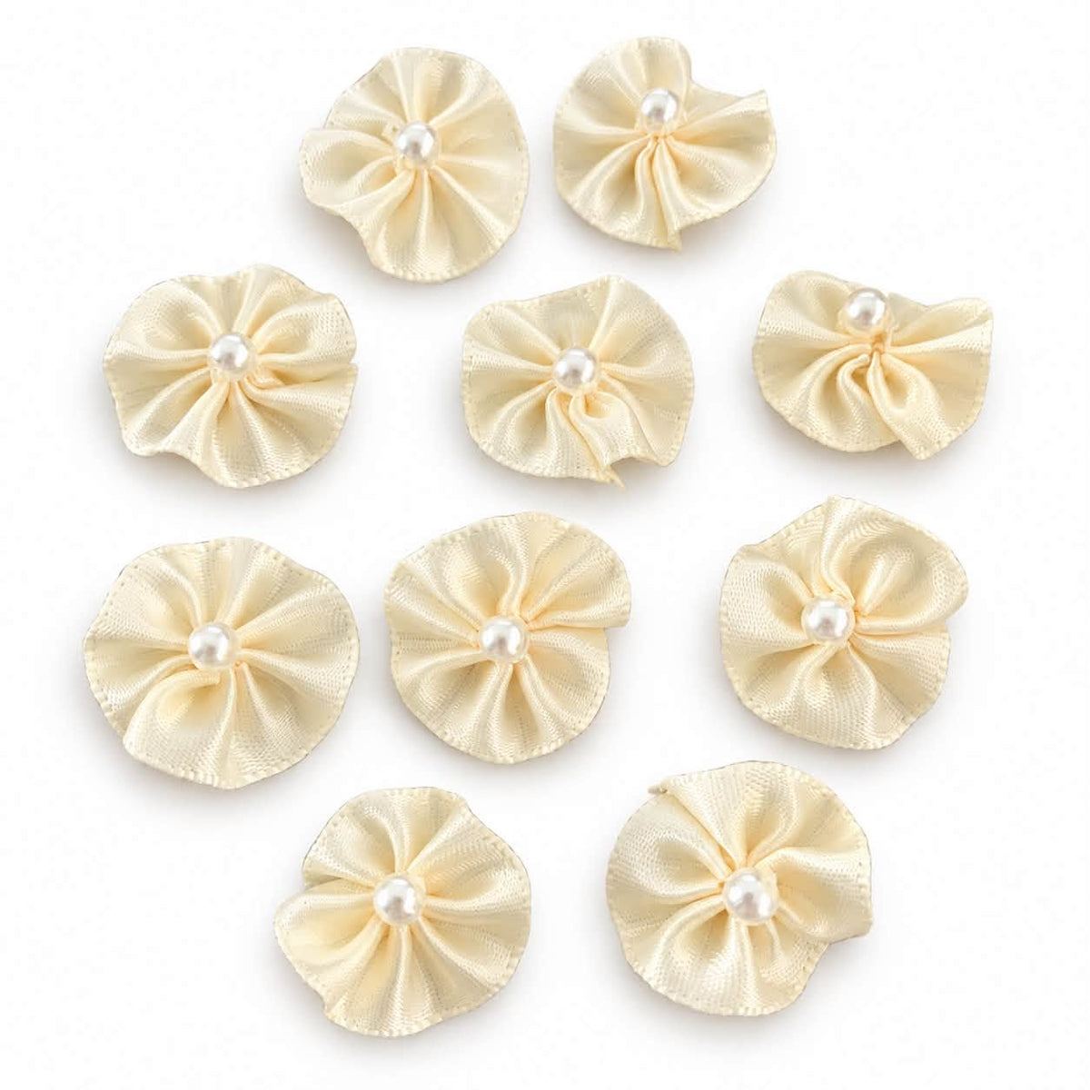 Cream Flower Ribbon Embellishments With Faux Pearl Centre  - 10 Pack