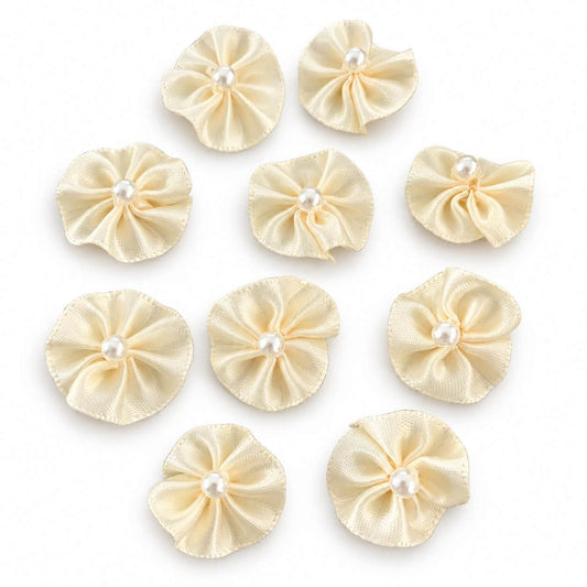 Cream Flower Ribbon Embellishments With Faux Pearl Centre  - 10 Pack