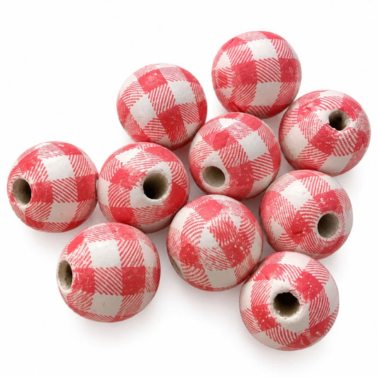 Checked Pink Wooden Beads - 10 Pack