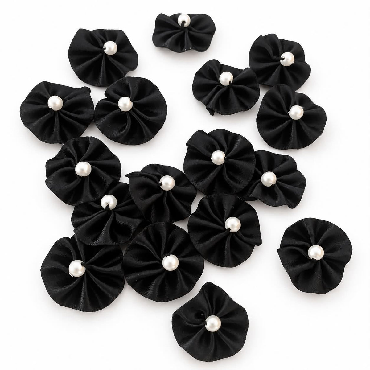 Black Flower Ribbon Embellishments With Faux Pearl Centre  - 10 Pack