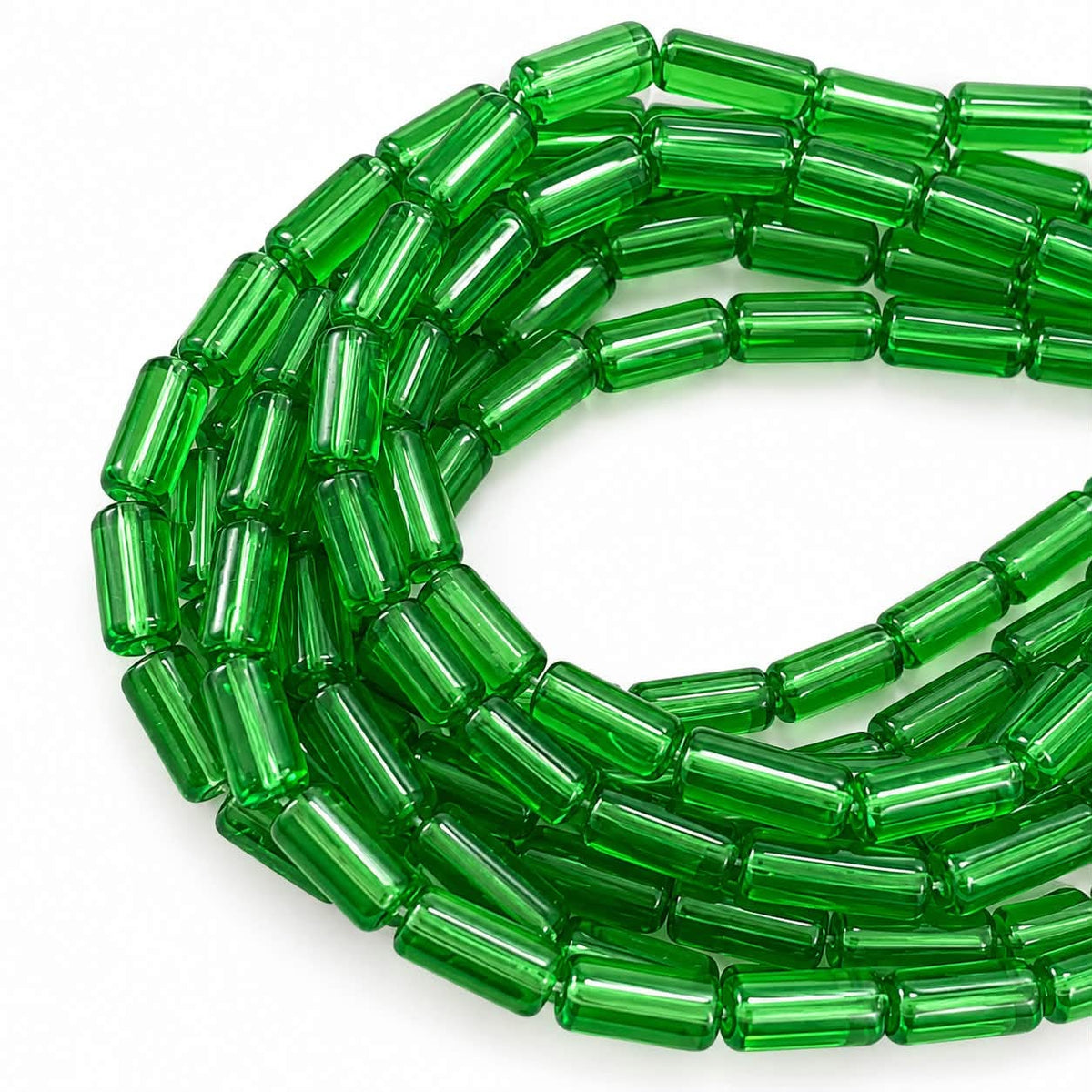 Strand of Green Cylindrical Tube Shape Glass Beads - 10x4mm