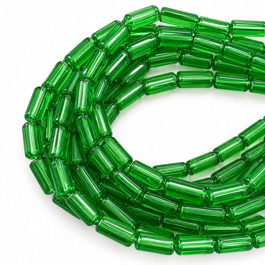 Strand of Green Cylindrical Tube Shape Glass Beads - 10x4mm