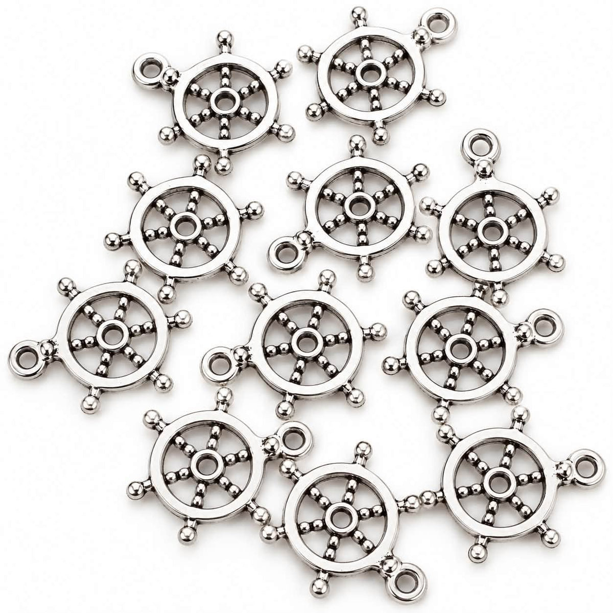 Ship Wheel Antique Silver Toned Charms - 10 Pack