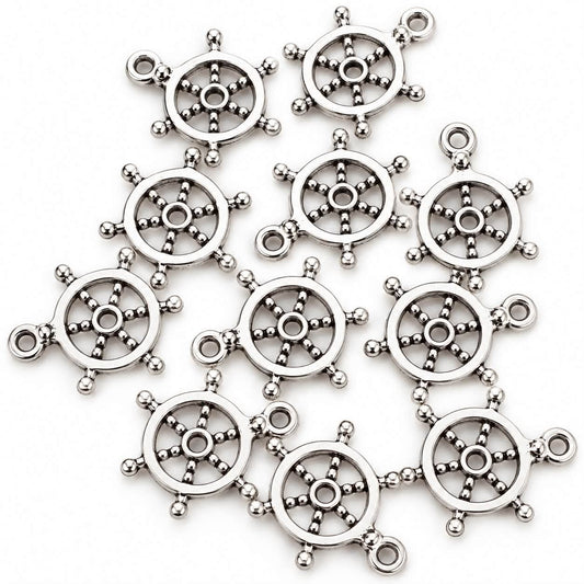 Ship Wheel Antique Silver Toned Charms - 10 Pack