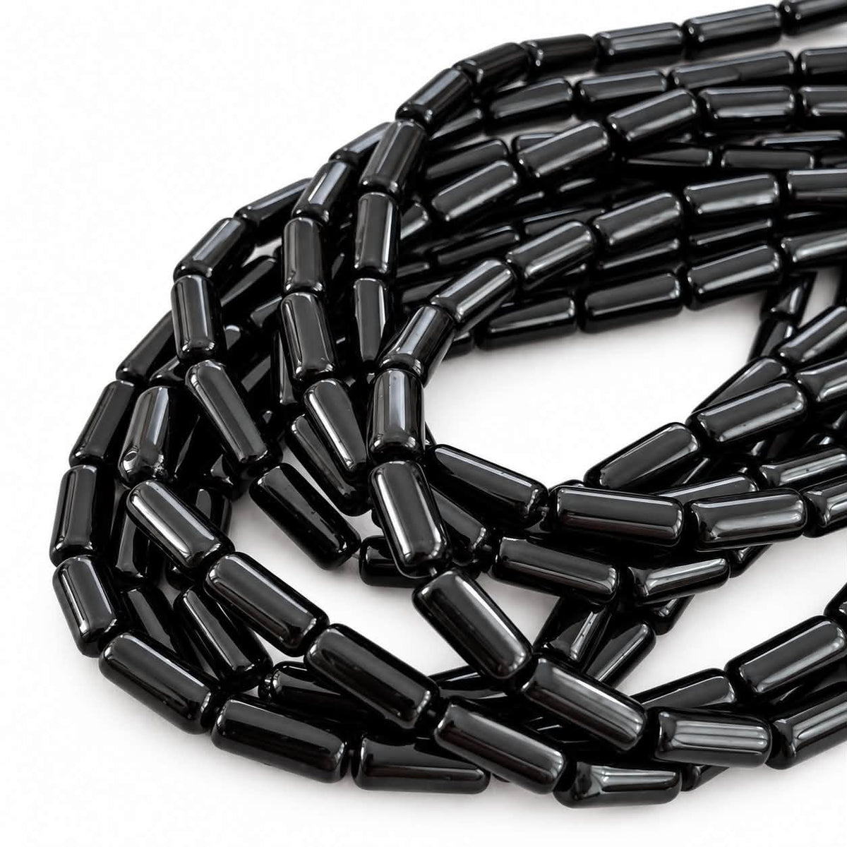 Strand of Black Cylindrical Tube Shape Glass Beads - 10x4mm