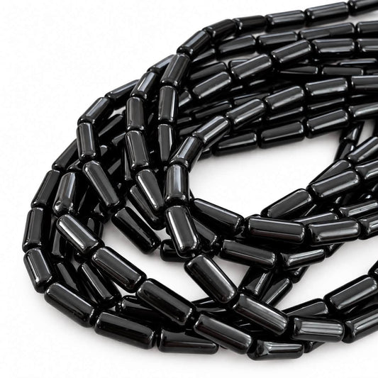 Strand of Black Cylindrical Tube Shape Glass Beads - 10x4mm