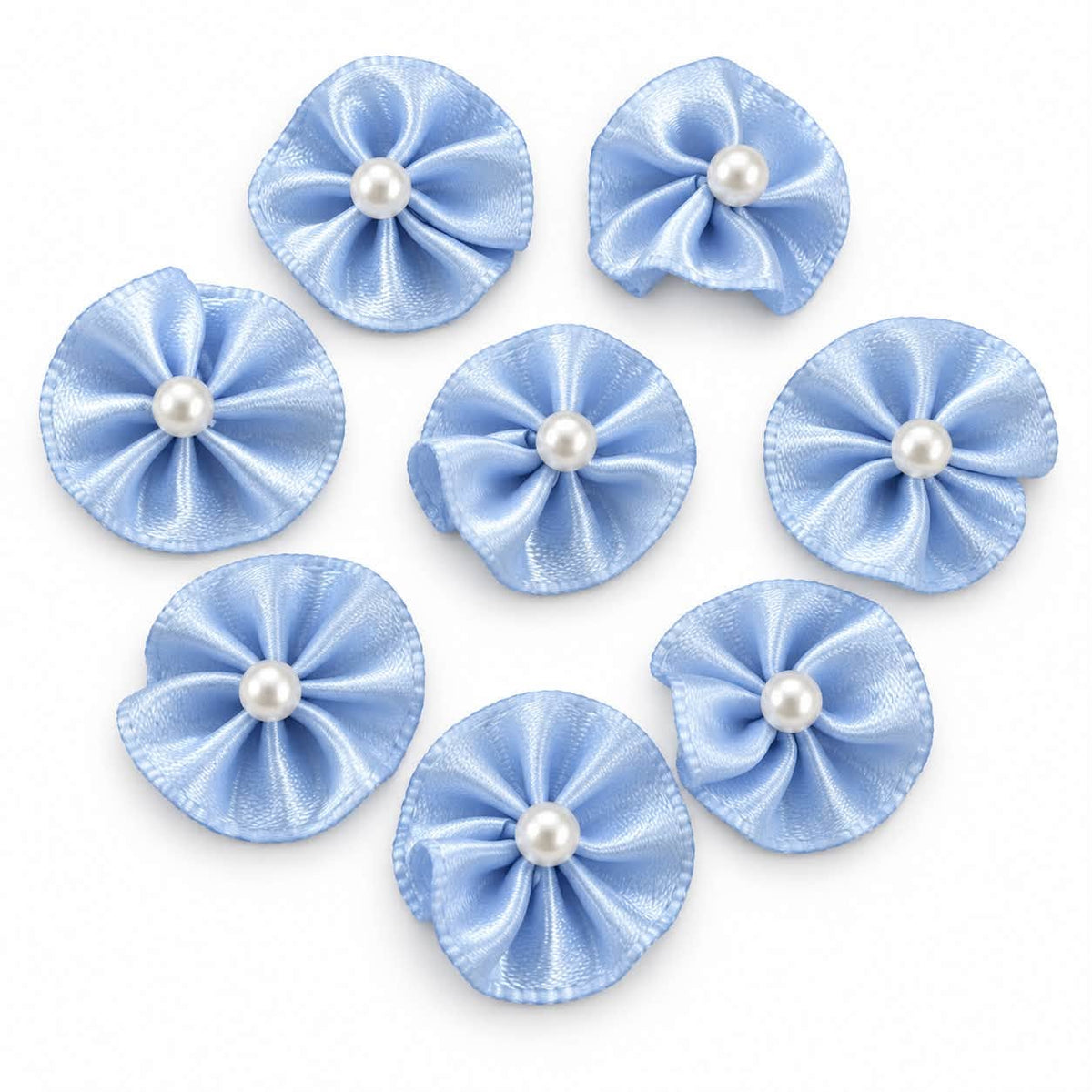 Pale Blue Flower Ribbon Embellishments With Faux Pearl Centre  - 10 Pack