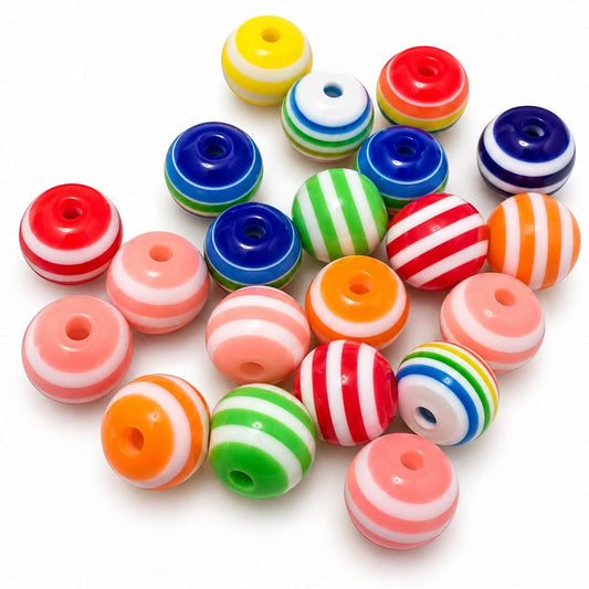 Mixed Colour Striped 10mm Beads - 20 Pack