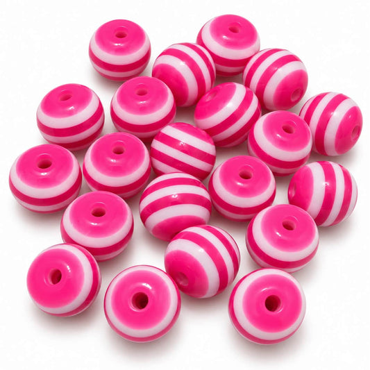 Cerise Pink Striped 10mm Beads - 20 Pack