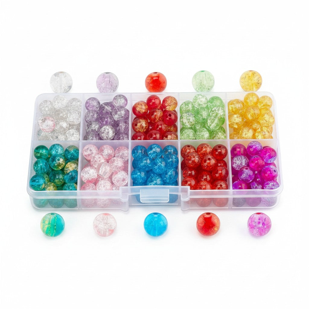 Box of Mixed Colour Crackle Glass Beads - Size 8mm