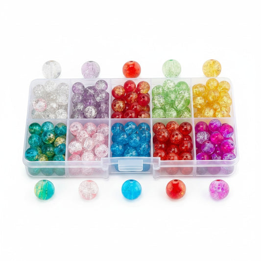Box of Mixed Colour Crackle Glass Beads - Size 8mm