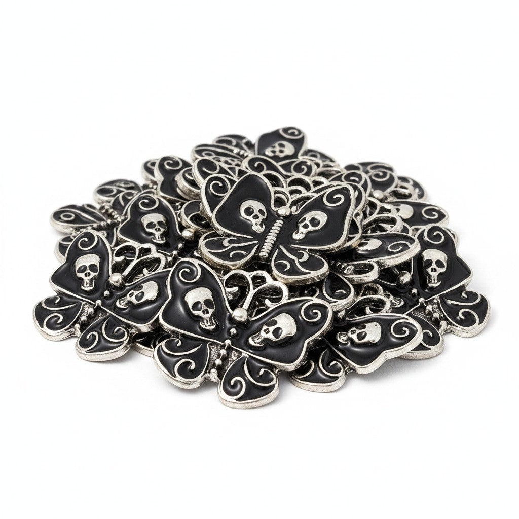 Butterfly with Skull Charm Pendant - Black