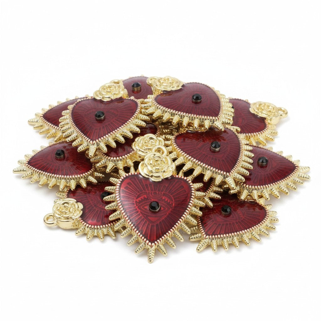 Heart With Eye Gold Tone Pendant - Red