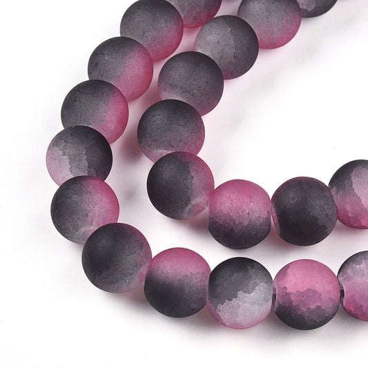 Strand Of Round Two Tone Hot Pink Frosted Crackle Beads 10mm