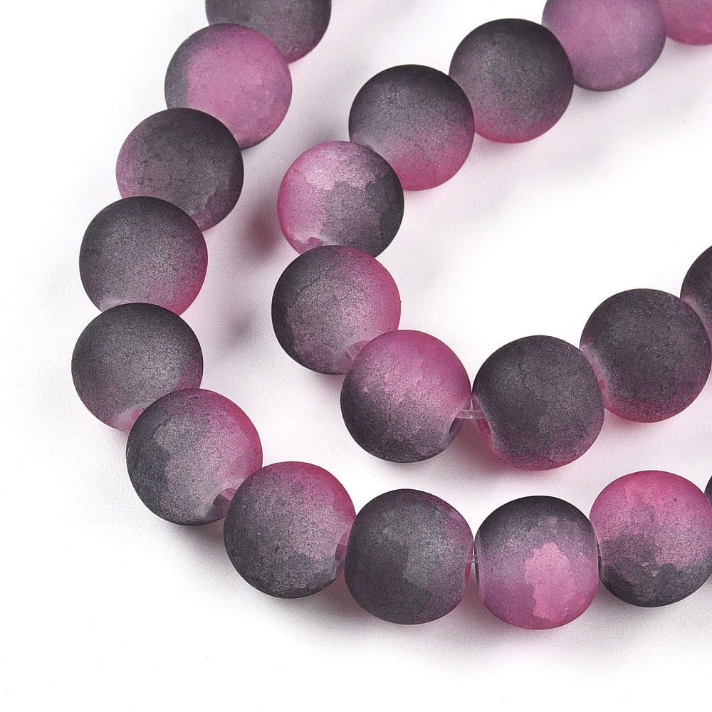 Strand Of Round Two Tone Hot Pink Frosted Crackle Beads 8mm