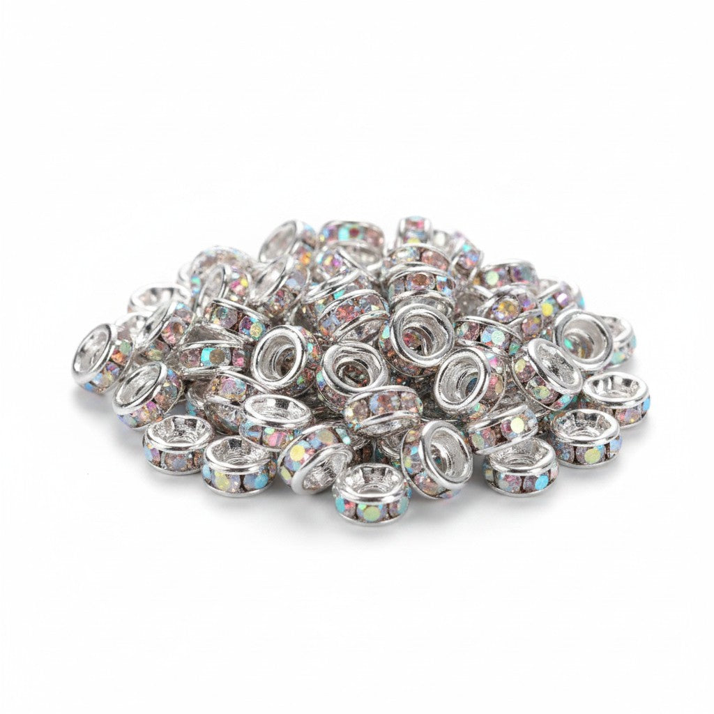 Rhinestone Silver Plated AB Spacer Beads - Pack of 20