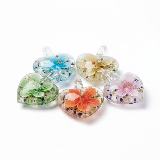 Heart Flower Lampwork Pendant - Glass