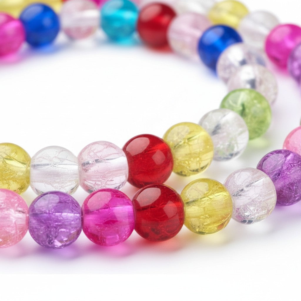 Strand of Mixed Coloured Crackle Glass Beads - 6mm