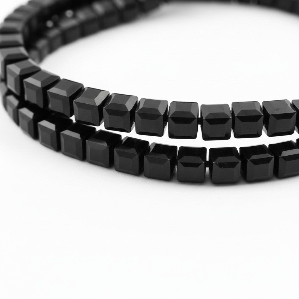 Strand of Cubed Black Glass Beads - 8mm