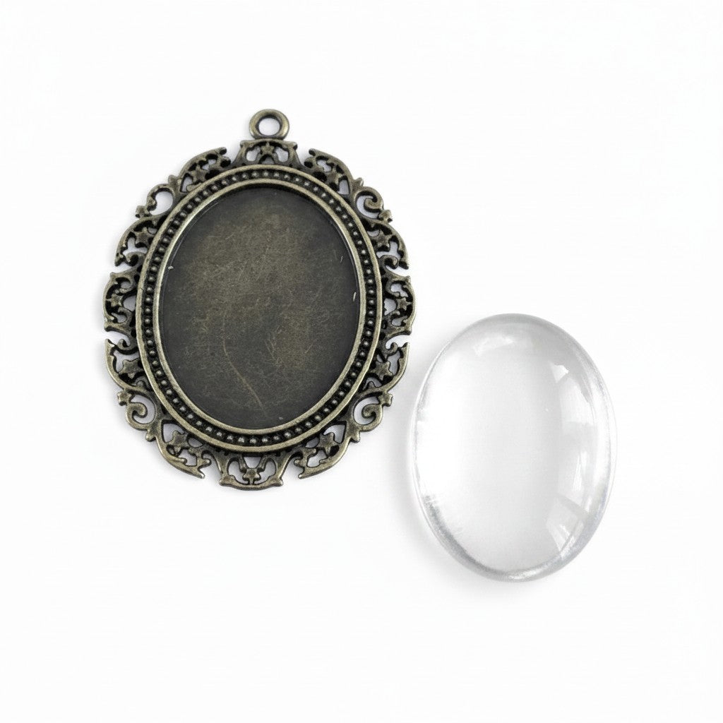 Antique Bronze Setting with Glass Cabochon - Size 40x30mm