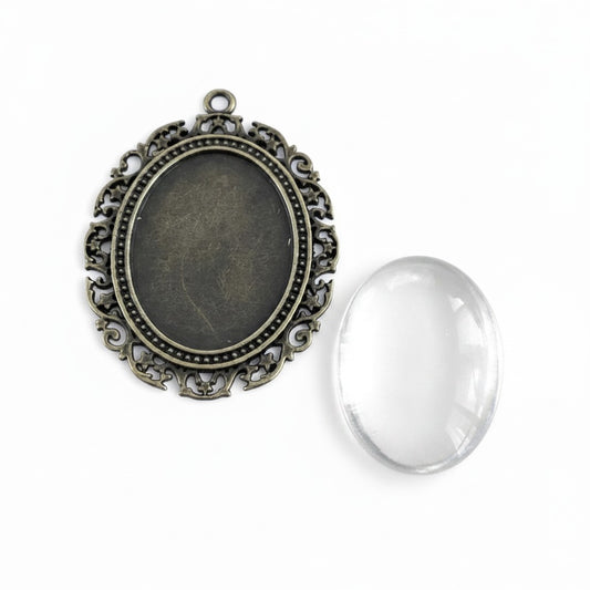 Antique Bronze Setting with Glass Cabochon - Size 40x30mm